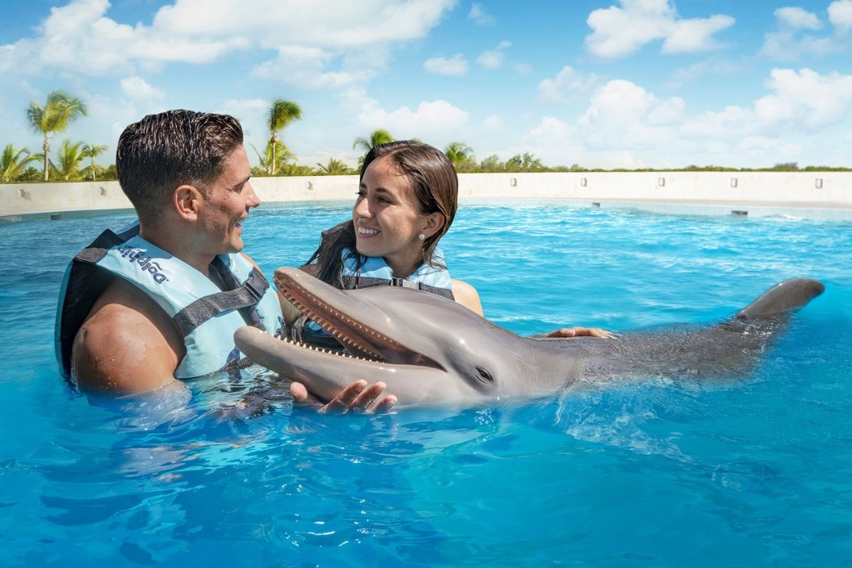 Pareja interactuando con un delfín en Dolphin Cay, Bahamas