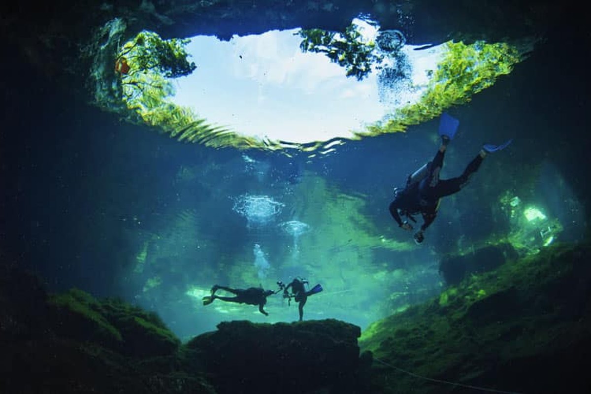 Buzos descendiendo en un cenote de la Riviera Maya