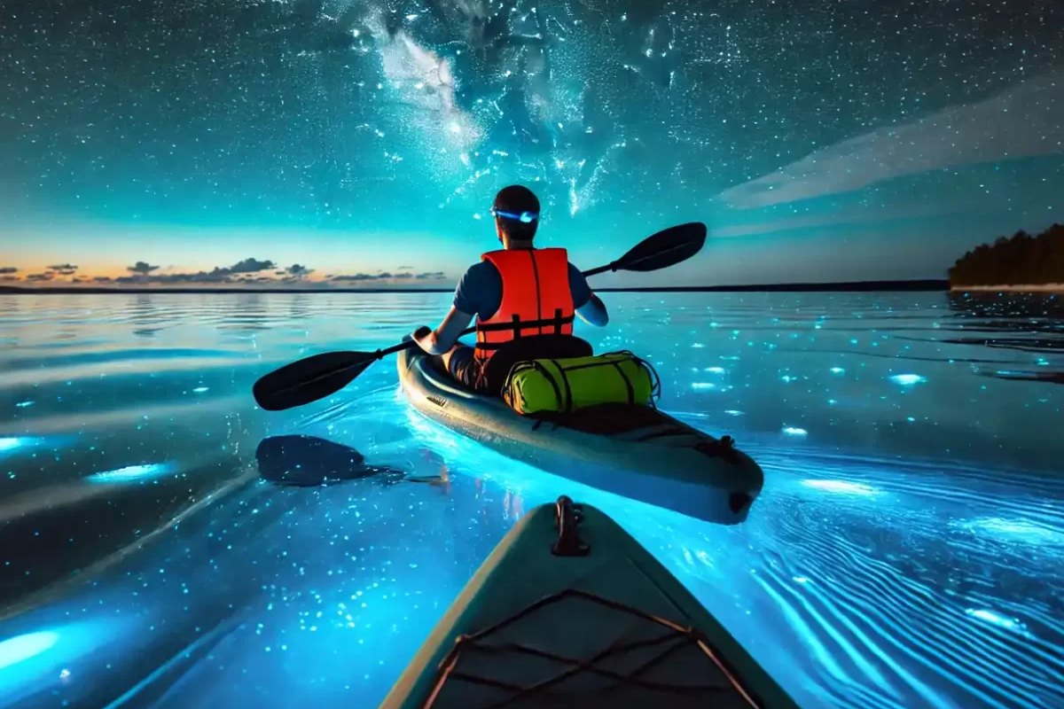 Kayak nocturno sobre aguas bioluminiscentes en Puerto Rico